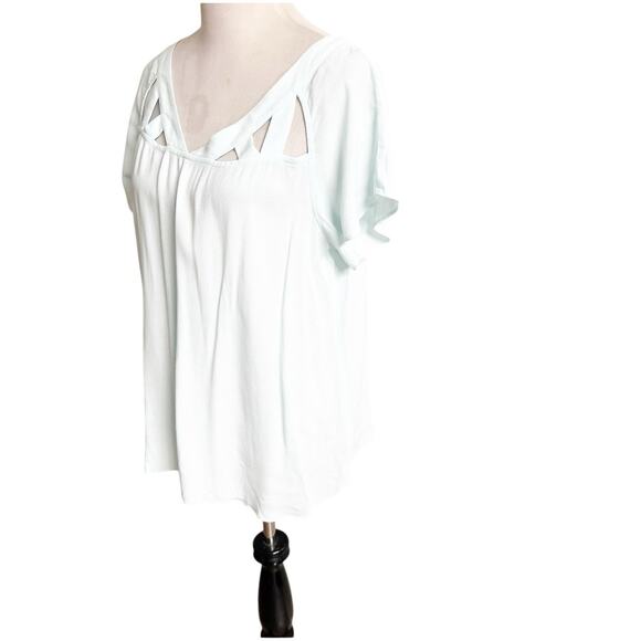 Maeve Cutout Short Sleeve Blouse Light Blue Size Small Deep V Neck Rayon Dressy - Picture 5 of 8